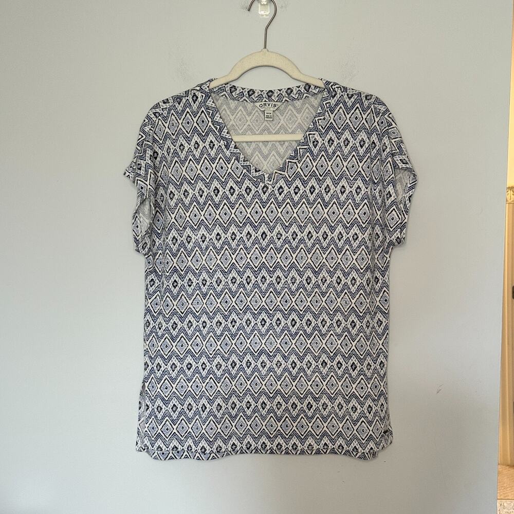 Orvis Diamond Print Cap Sleeve Top Size Small V-Neck Blue Stretch Lightweight